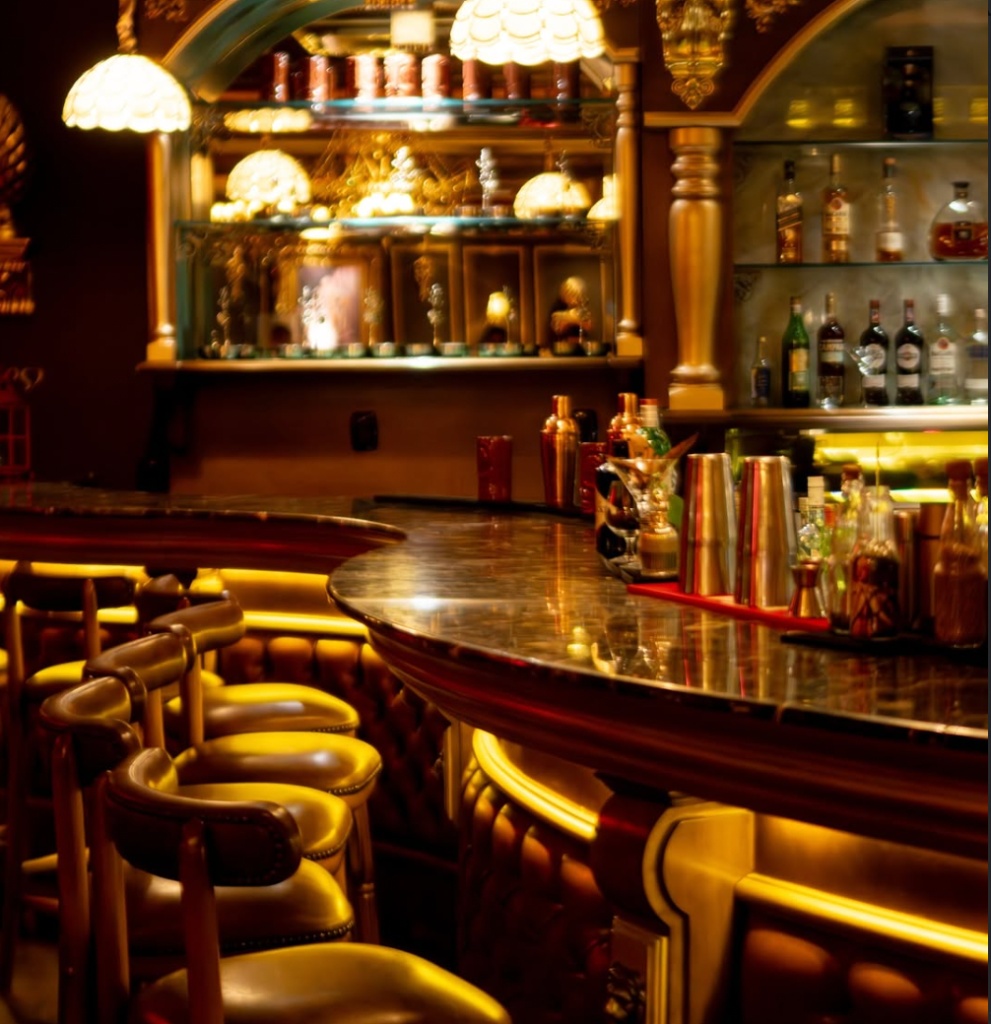 Balcão do bar com banquetas e prateleiras de bebidas